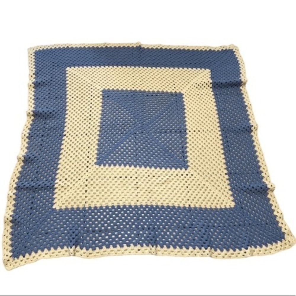 Vintage Granny Square‎ Crochet Blanket Blue Beige Afghan Throw 65" x 65"